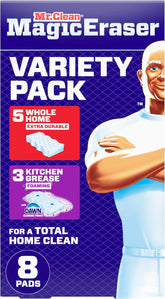 Mr. Clean Magic Eraser Sponge, All Purpose Cleaner, Cleaning Scrubber, Wall, Kitchen, Bathroom, Shower Cleaner, Melamine Sponge, Cleaning Pads, Variety Pack, 5 Extra Durable, & 3 Grease Magic Erasers