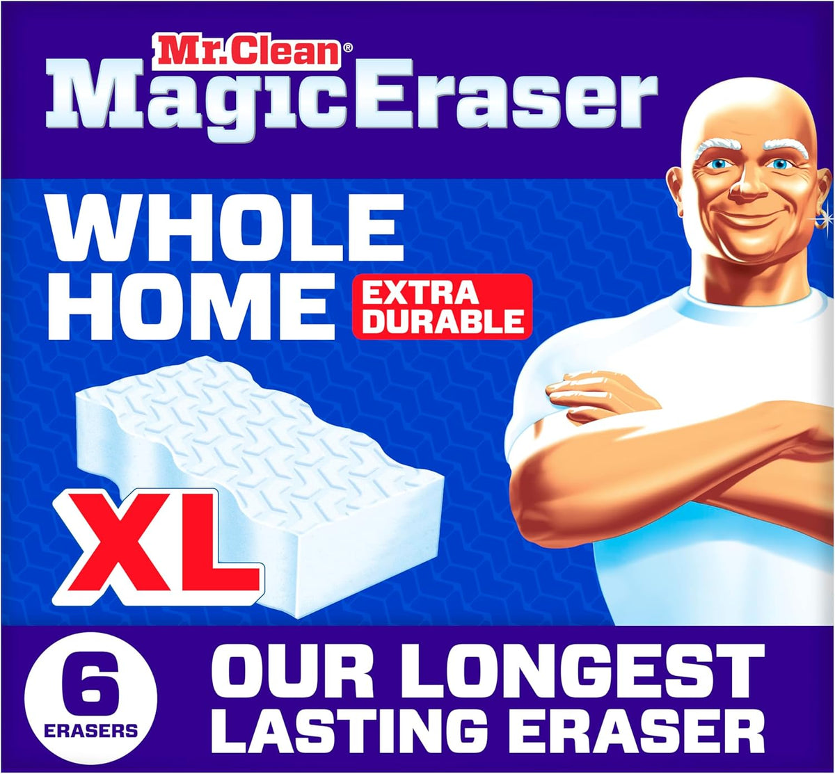 Mr. Clean Magic Eraser Sponge, All Purpose Cleaner, Long Lasting Cleaning Scrubber, Wall, Sneaker, Oven, Kitchen, Bathroom Cleaner, Shower Cleaning Supplies, Whole Home Extra Durable XL, 6ct
