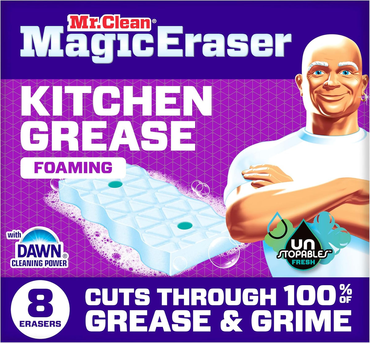 Mr. Clean Magic Eraser Foaming Sponge, Kitchen Grease Eraser, Dawn Cleaning Power, Oven Cleaner, Unstopables Fresh, 8ct